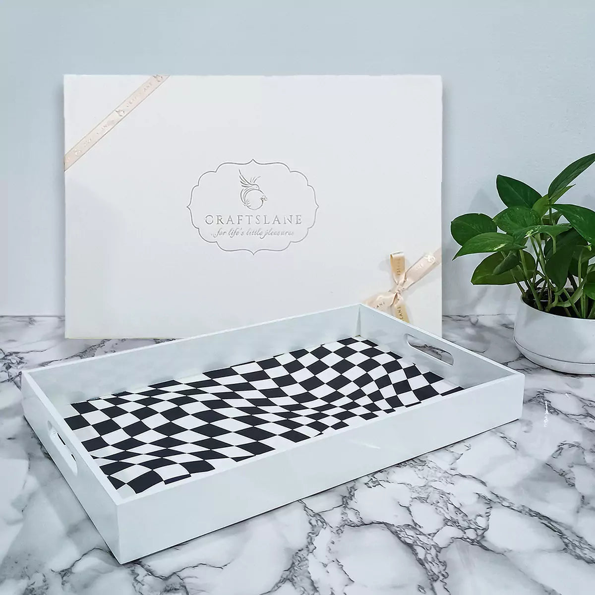 Twisted Checkers Handcrafted Signature Wooden Serving Tray 15x10inch