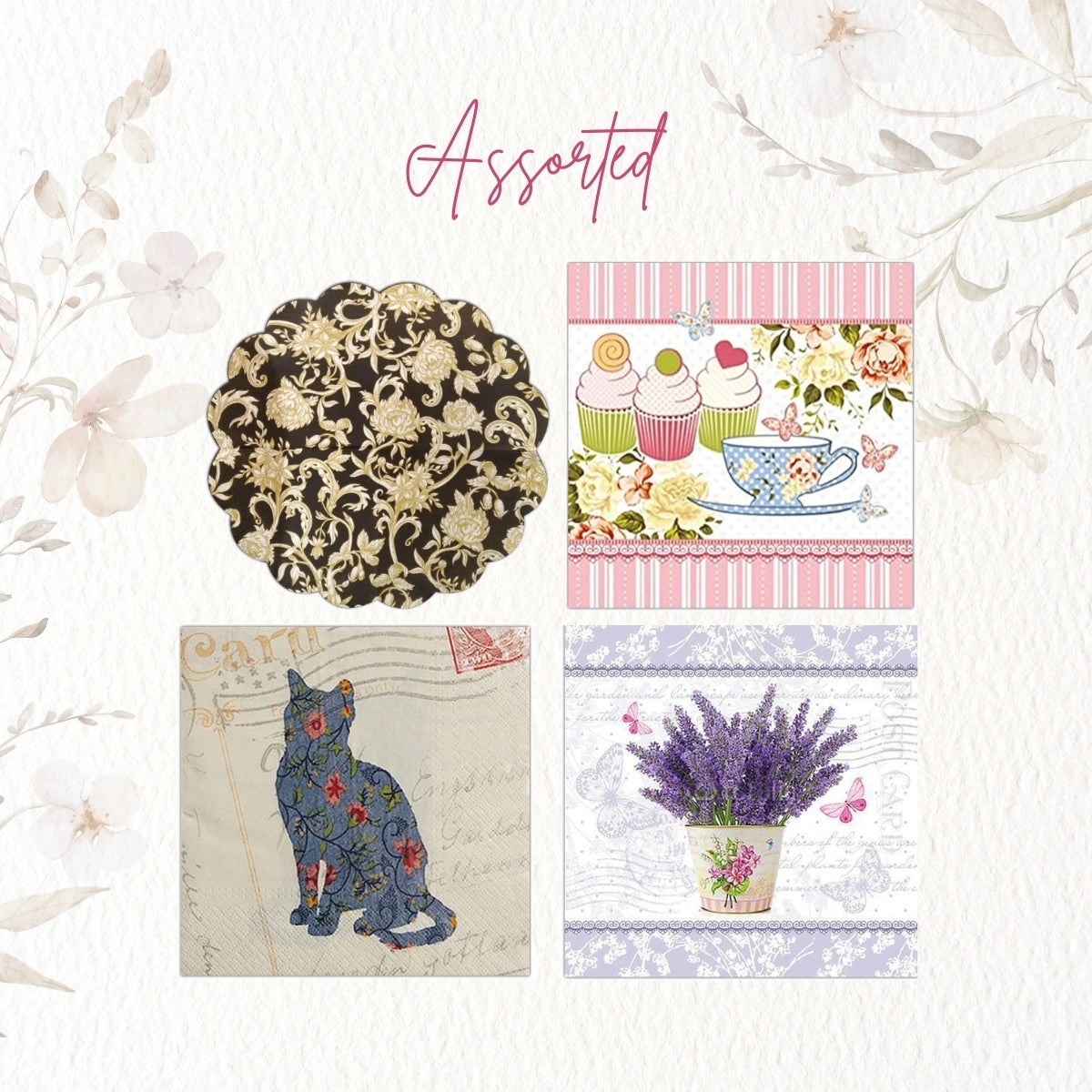 Assorted ~ A Set of 4 Paper Napkin Packs (20 in each, 6.5" x 6.5" folded)