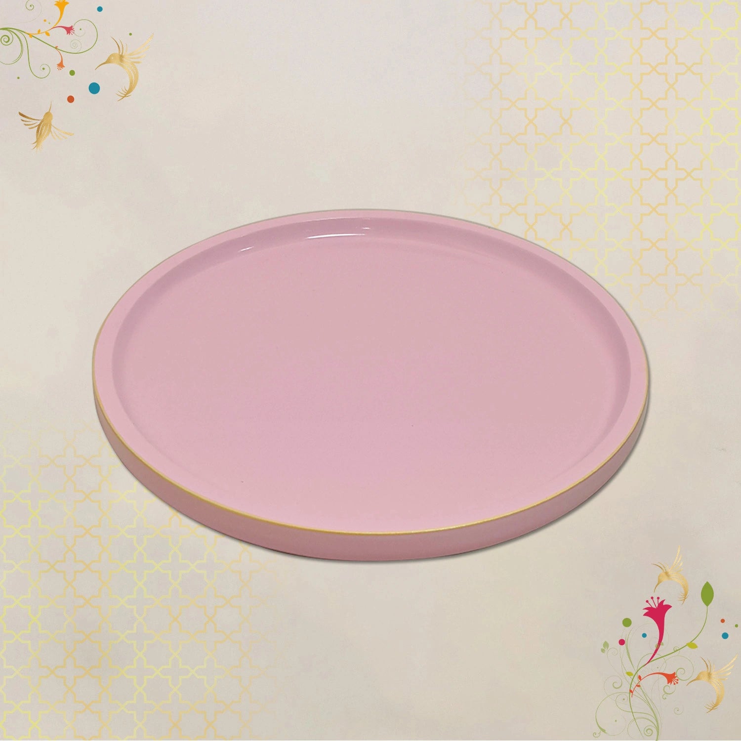 Baby Pink Round Decorative Tray with Gold Trim