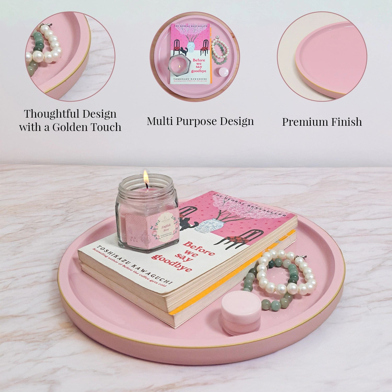 Baby Pink Round Decorative Tray with Gold Trim