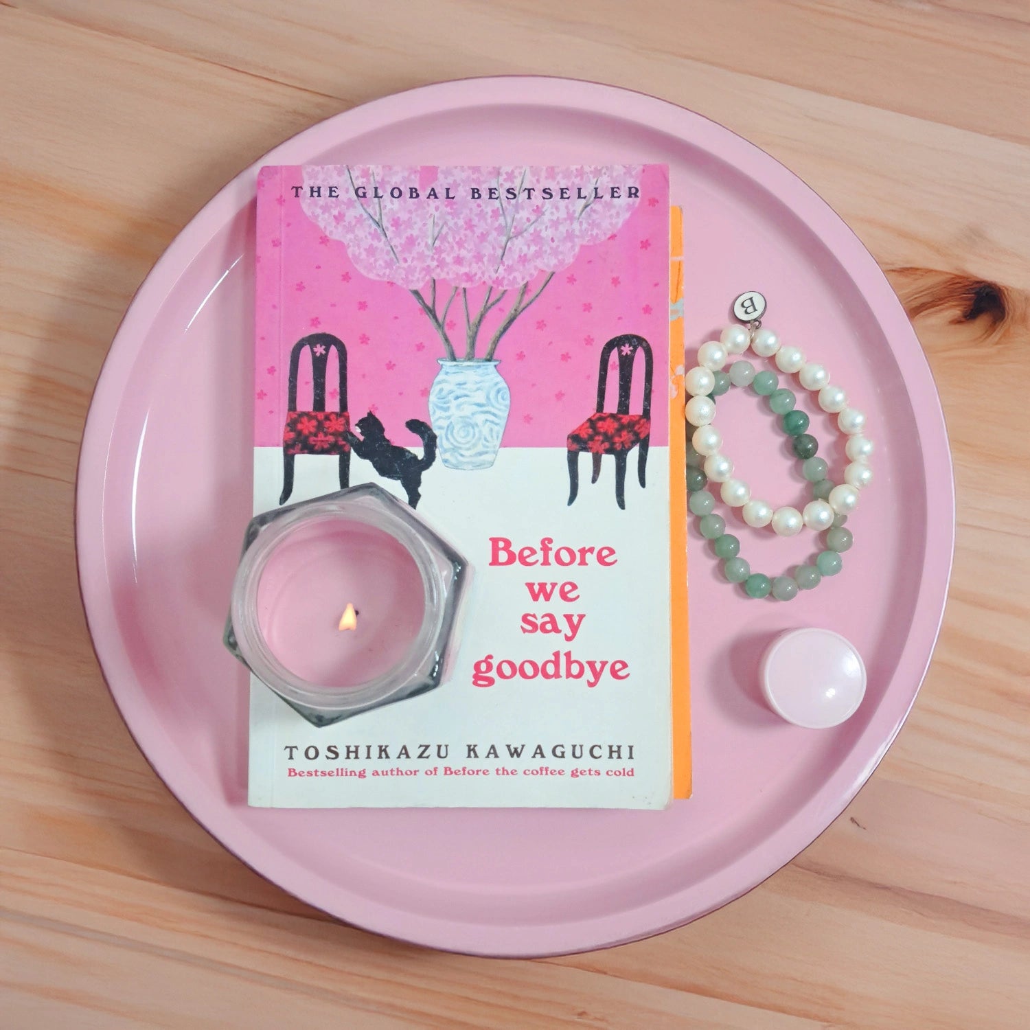 Baby Pink Round Decorative Tray with Gold Trim