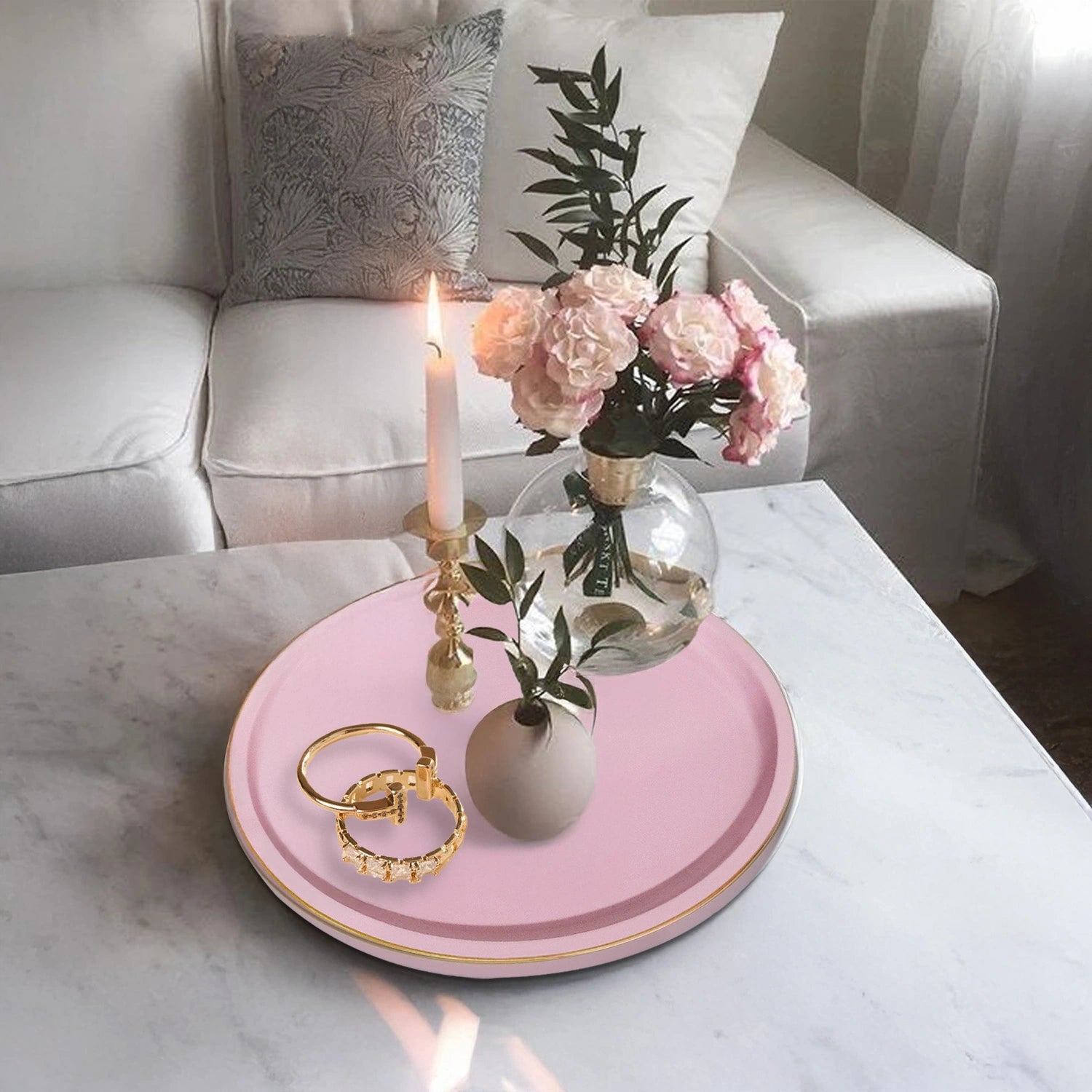 Baby Pink Round Decorative Tray with Gold Trim