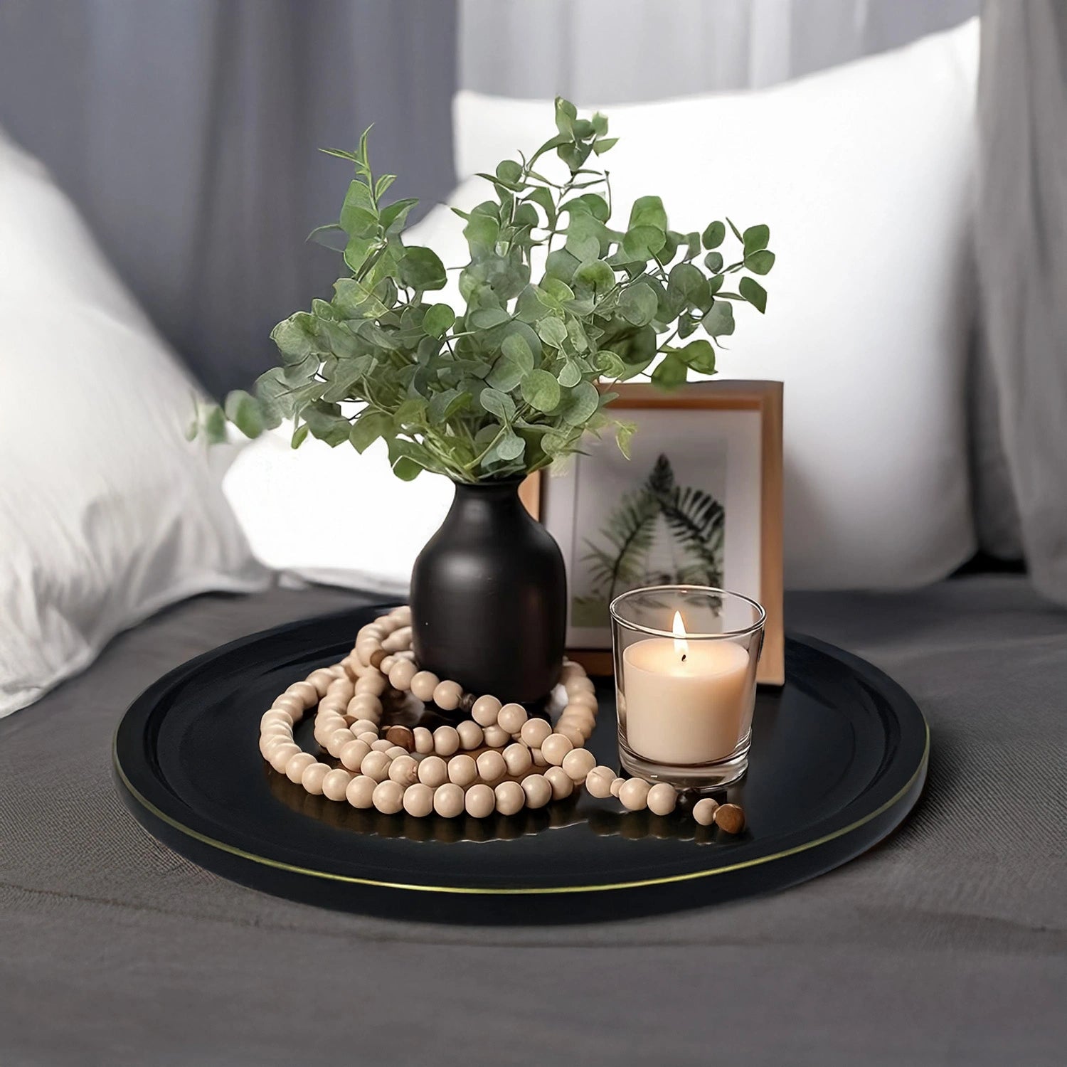 Charcoal Black Round Decorative Tray with Gold Trim