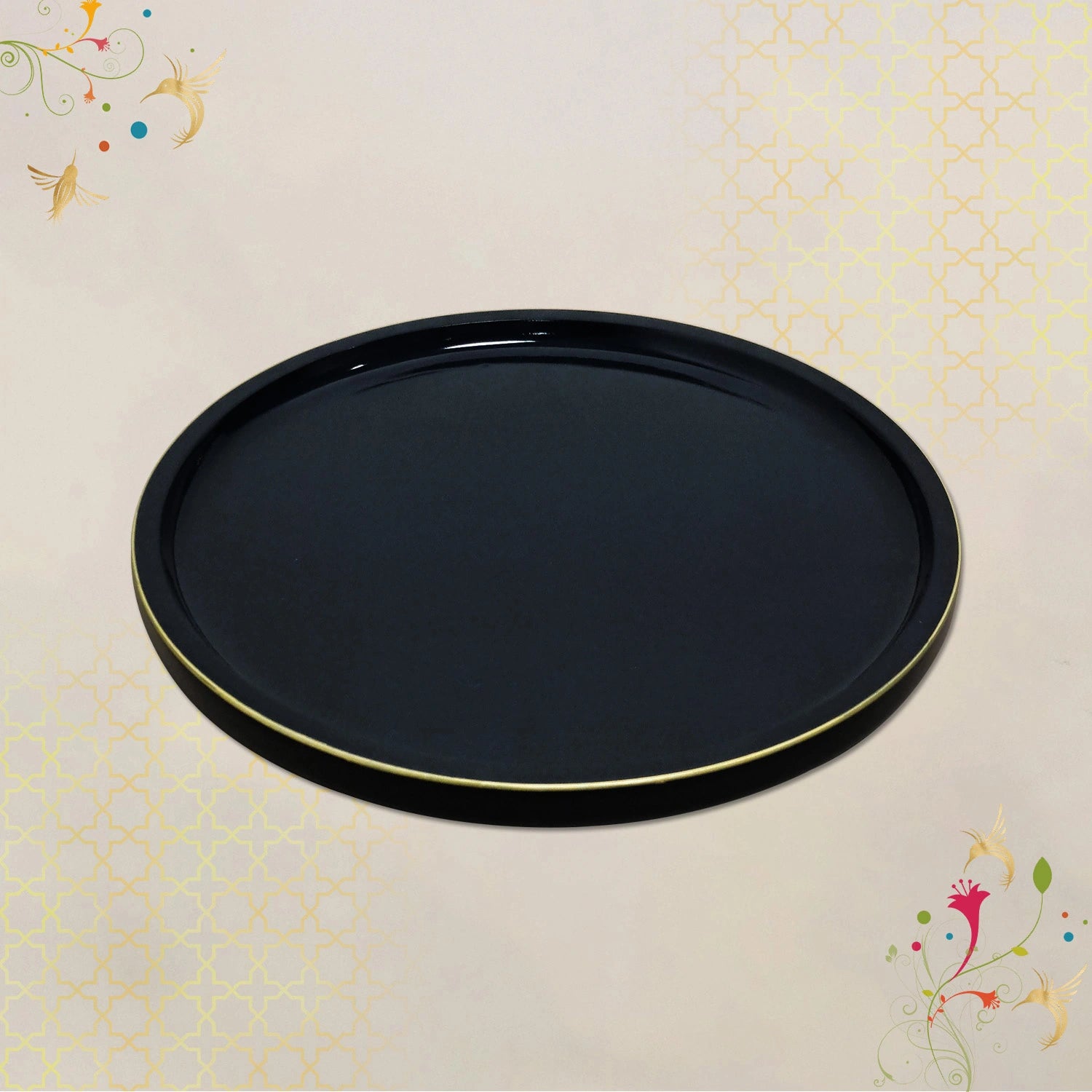 Charcoal Black Round Decorative Tray with Gold Trim