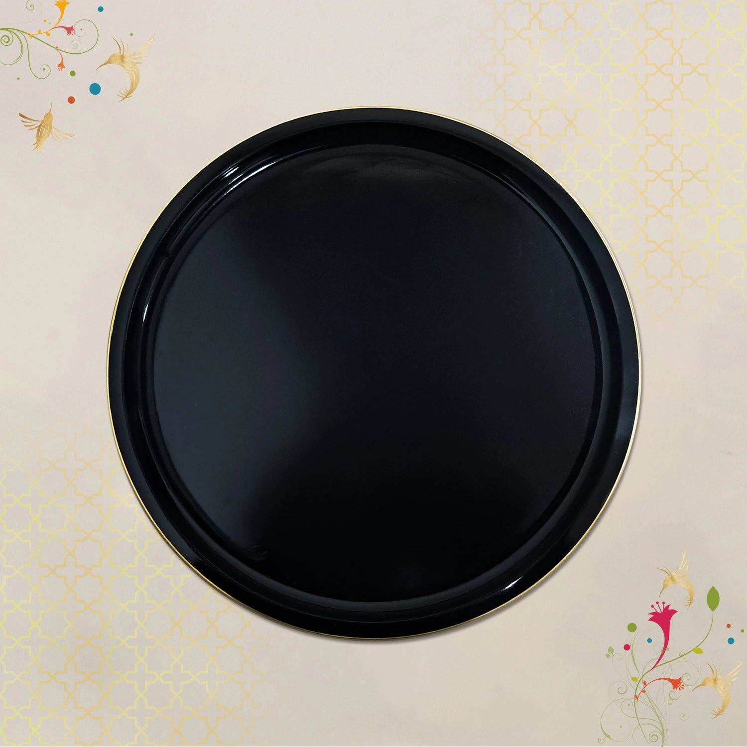 Charcoal Black Round Decorative Tray with Gold Trim