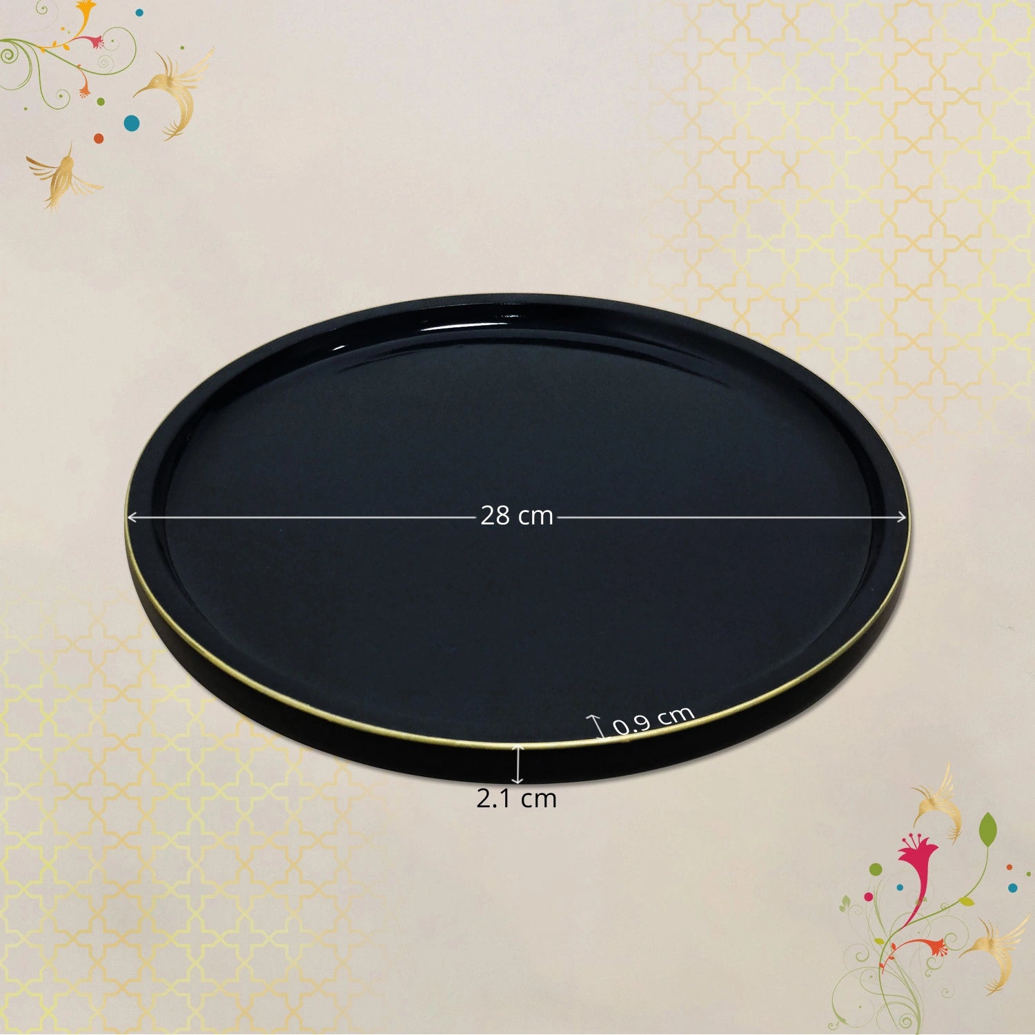 Charcoal Black Round Decorative Tray with Gold Trim