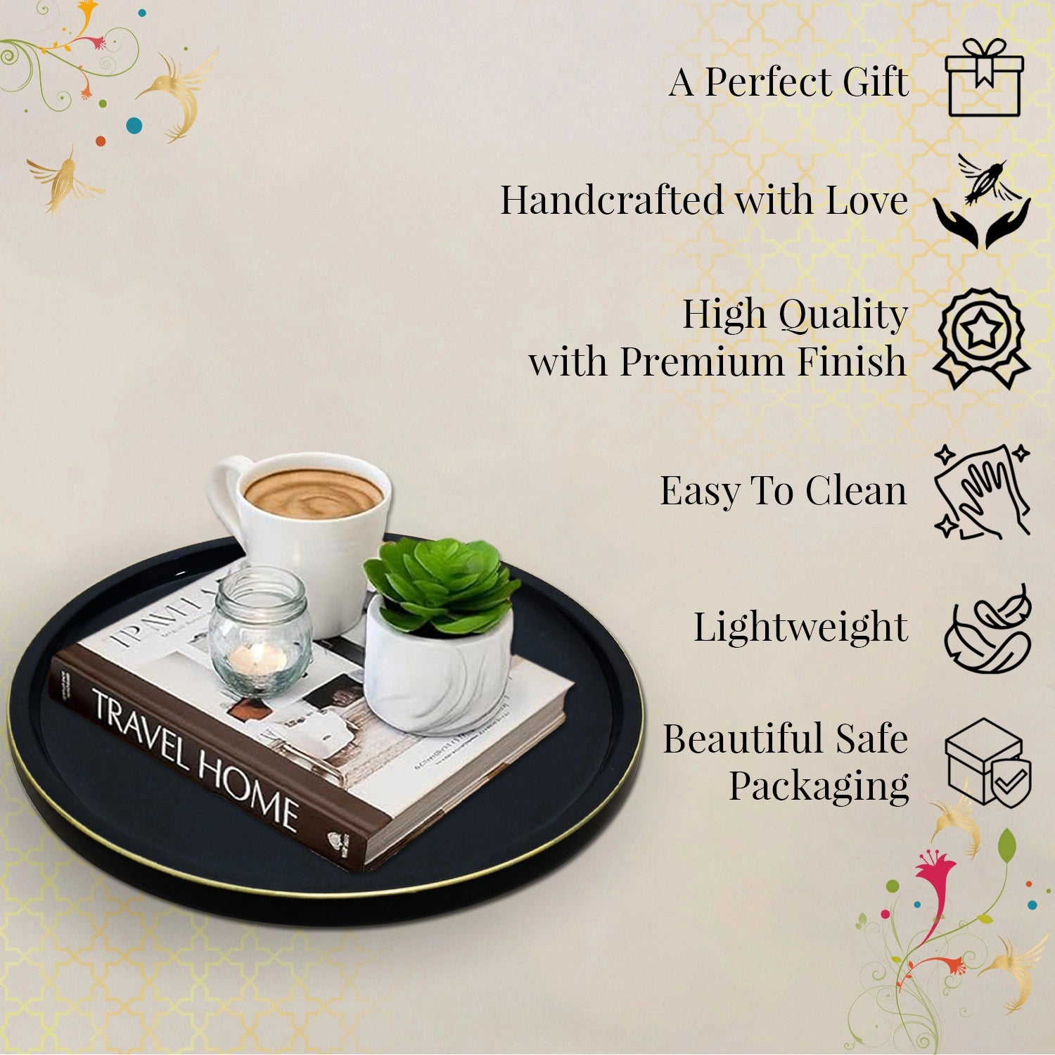 Charcoal Black Round Decorative Tray with Gold Trim