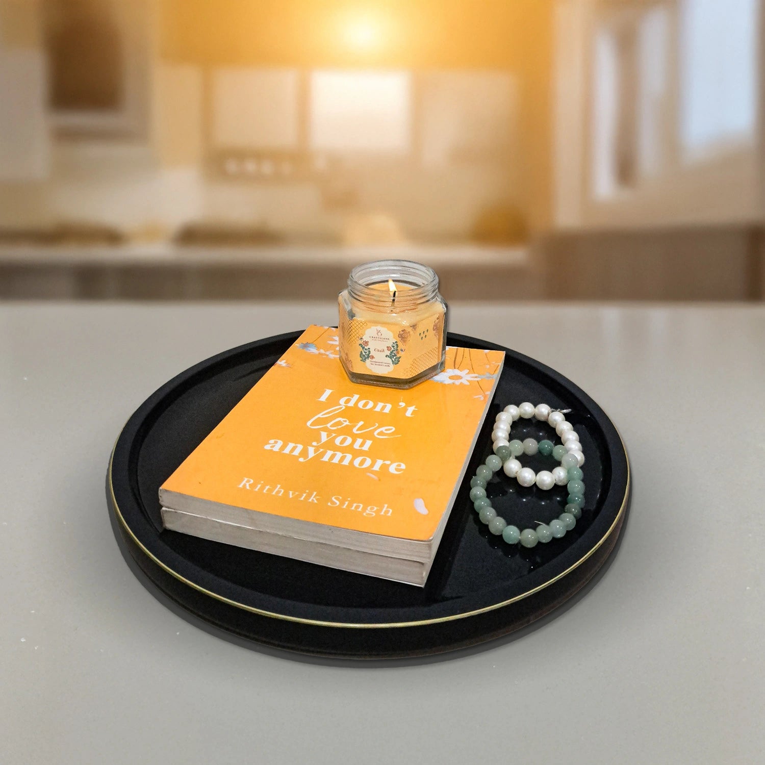 Charcoal Black Round Decorative Tray with Gold Trim