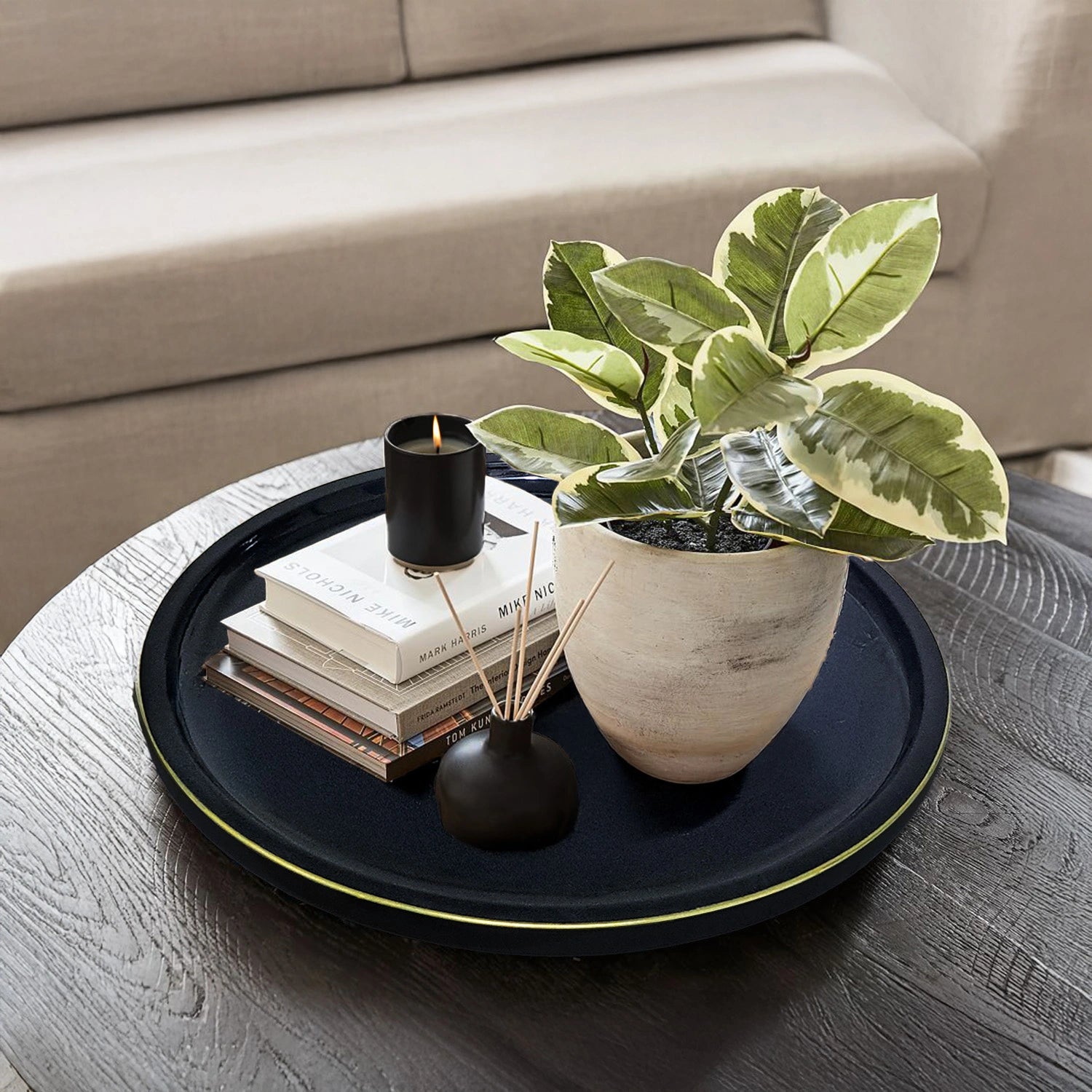 Charcoal Black Round Decorative Tray with Gold Trim