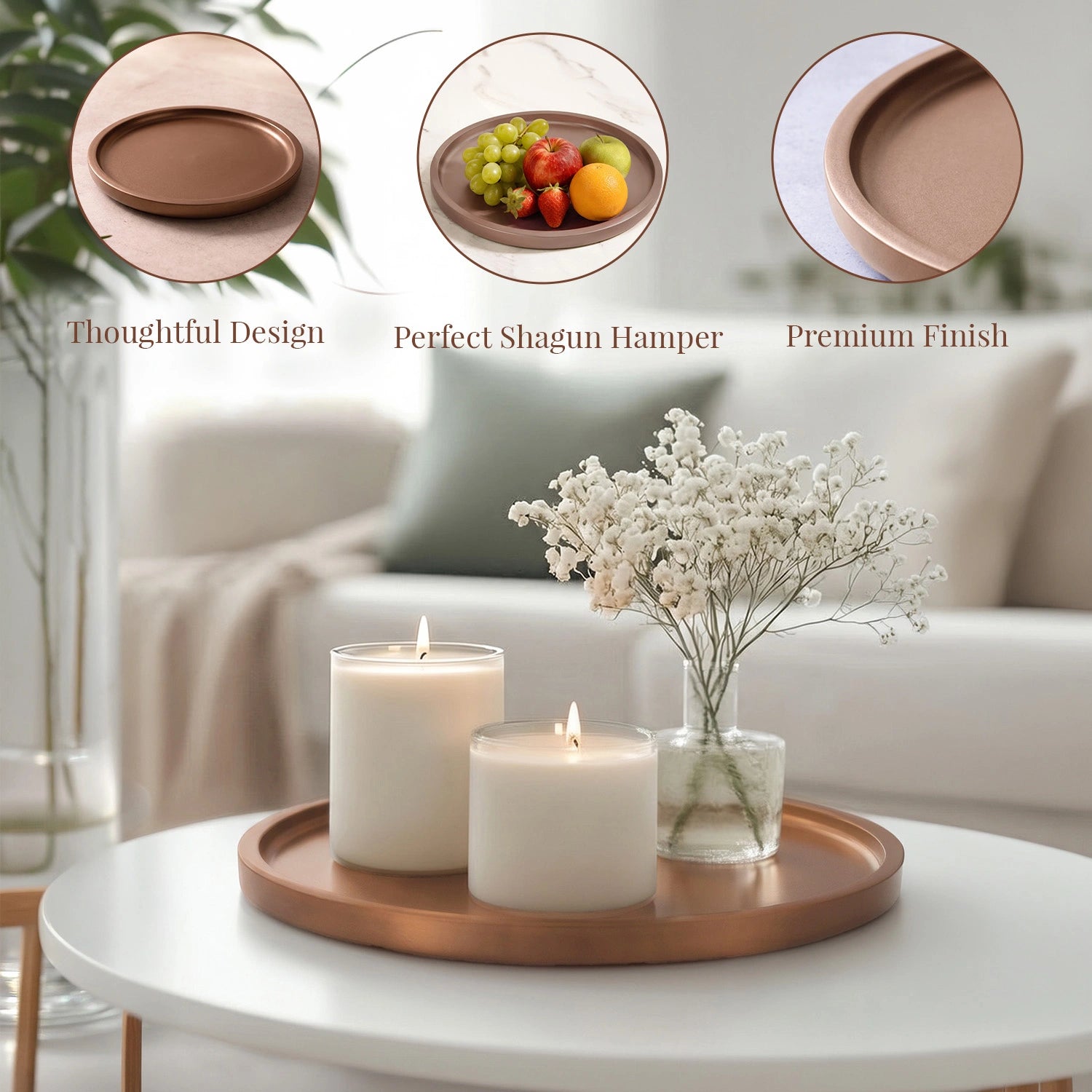 Copper Round Decorative Tray with Gold Trim