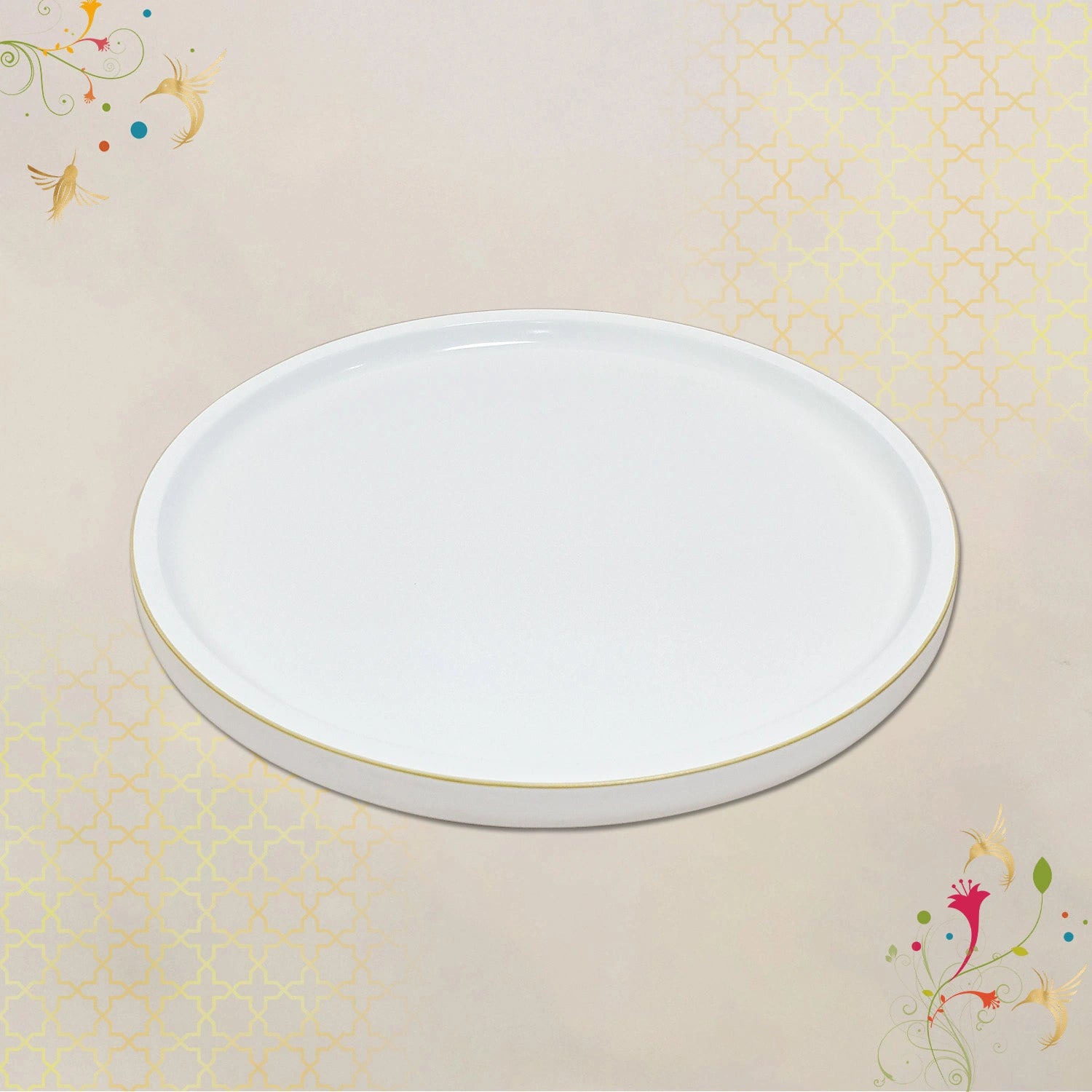 Eggshell White Round Decorative Tray with Gold Trim