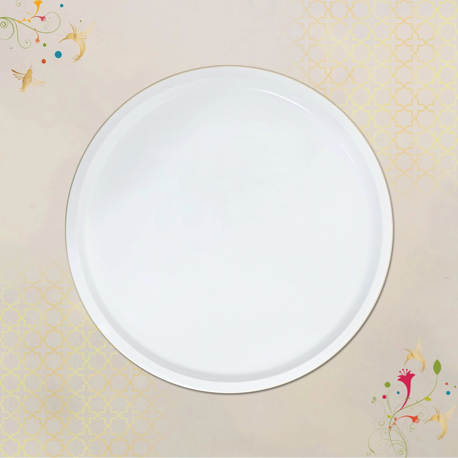 Eggshell White Round Decorative Tray with Gold Trim