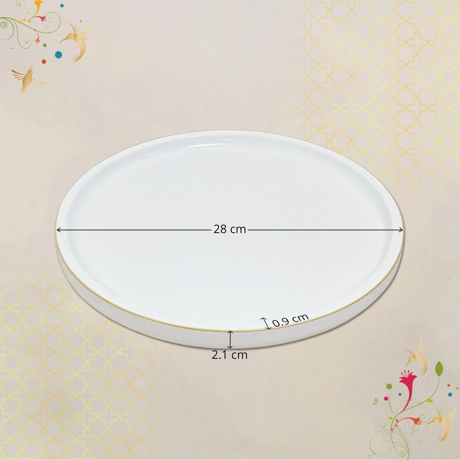 Eggshell White Round Decorative Tray with Gold Trim