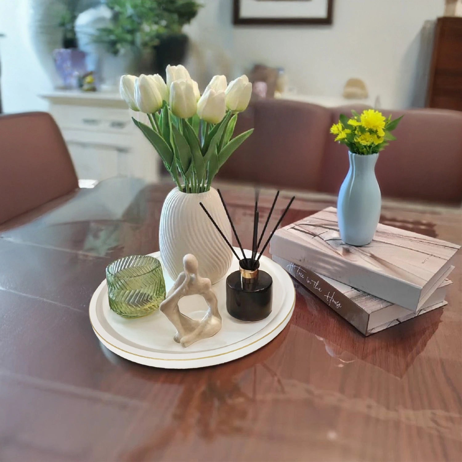 Eggshell White Round Decorative Tray with Gold Trim