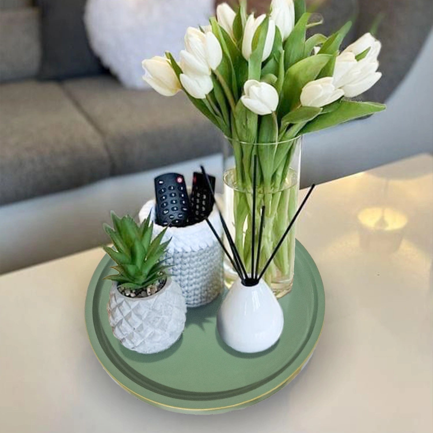 Sage Green Round Decorative Tray with Gold Trim