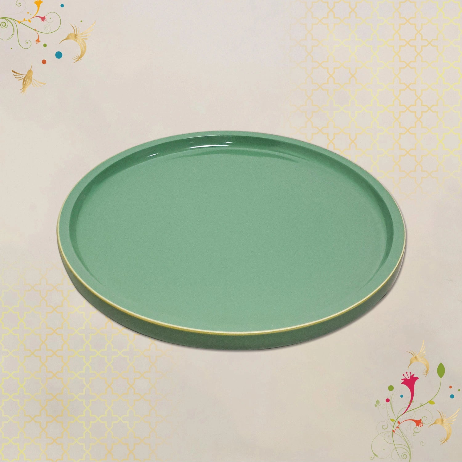Sage Green Round Decorative Tray with Gold Trim