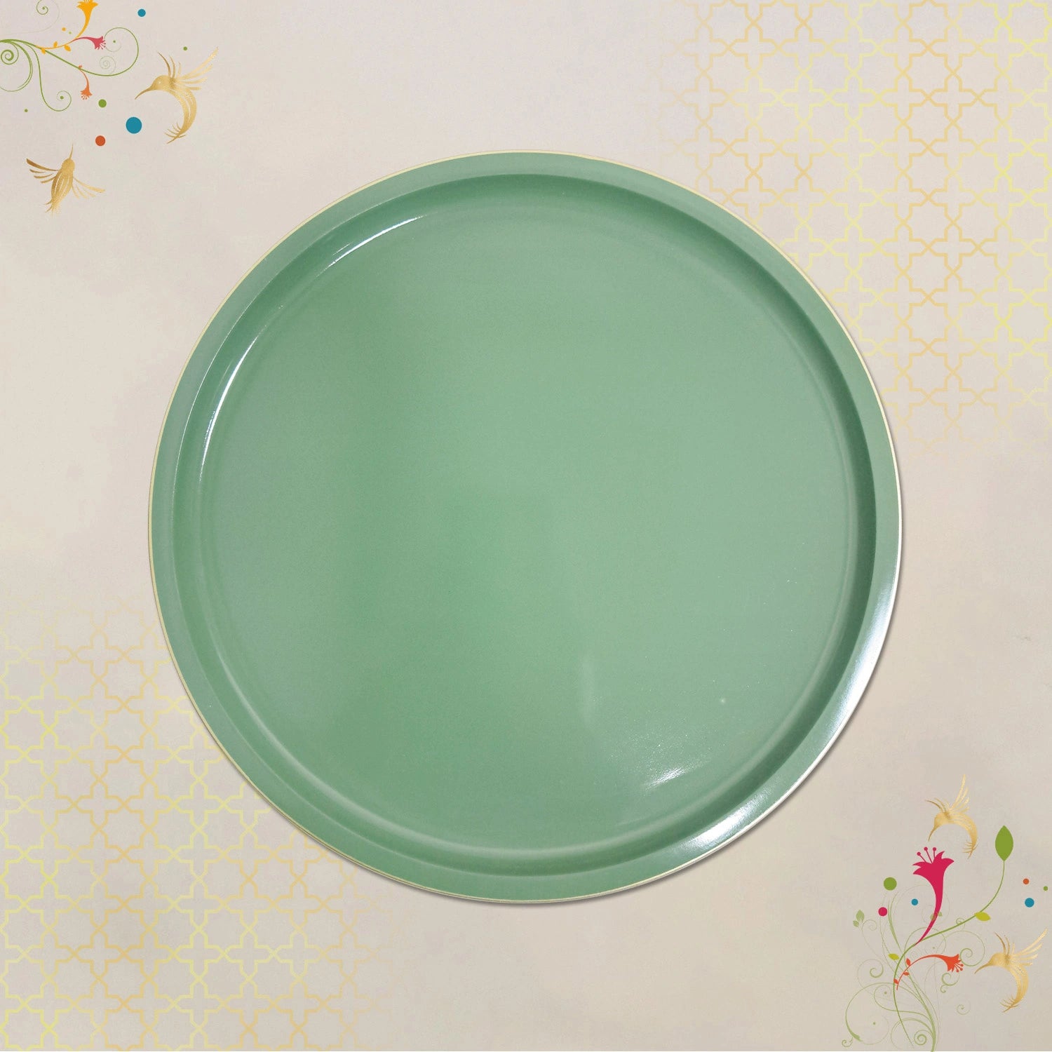 Sage Green Round Decorative Tray with Gold Trim