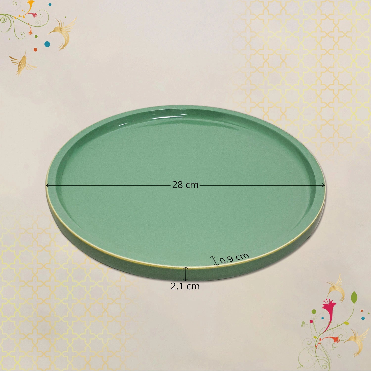 Sage Green Round Decorative Tray with Gold Trim
