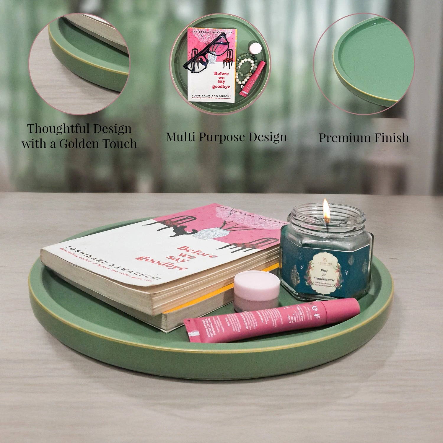 Sage Green Round Decorative Tray with Gold Trim