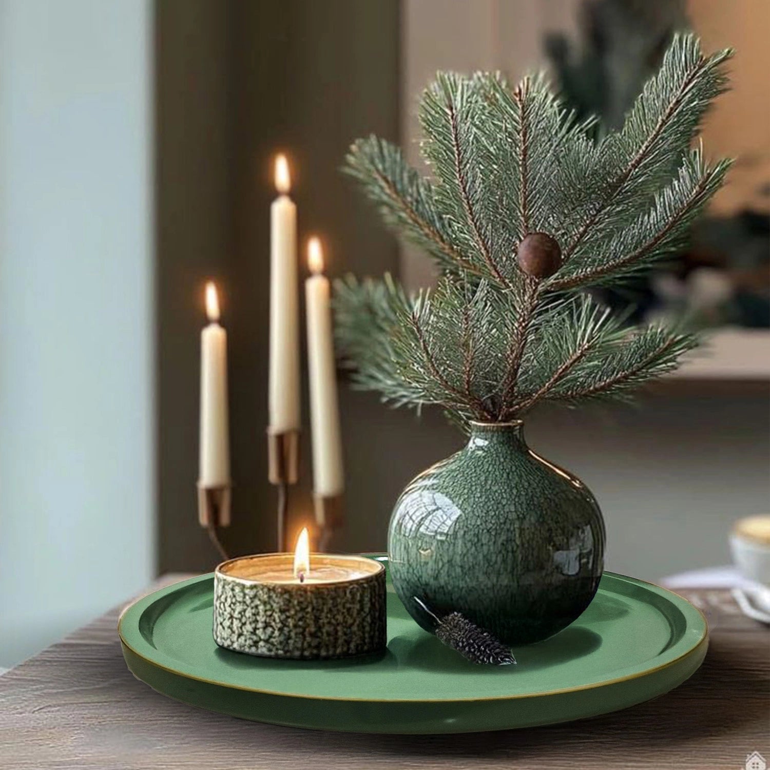 Sage Green Round Decorative Tray with Gold Trim