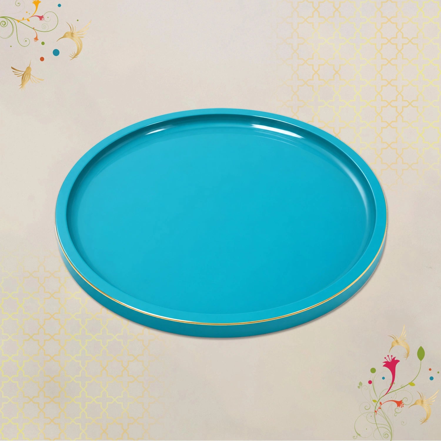 Turquoise Blue Finish Round Wooden Decorative Tray