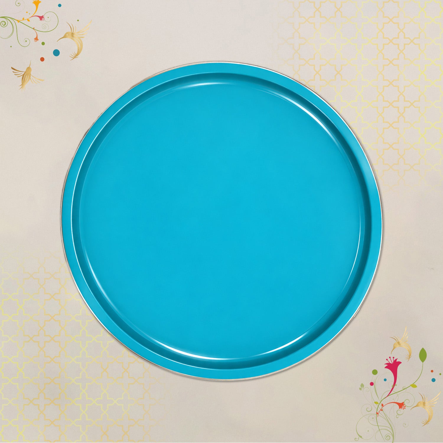 Turquoise Blue Finish Round Wooden Decorative Tray