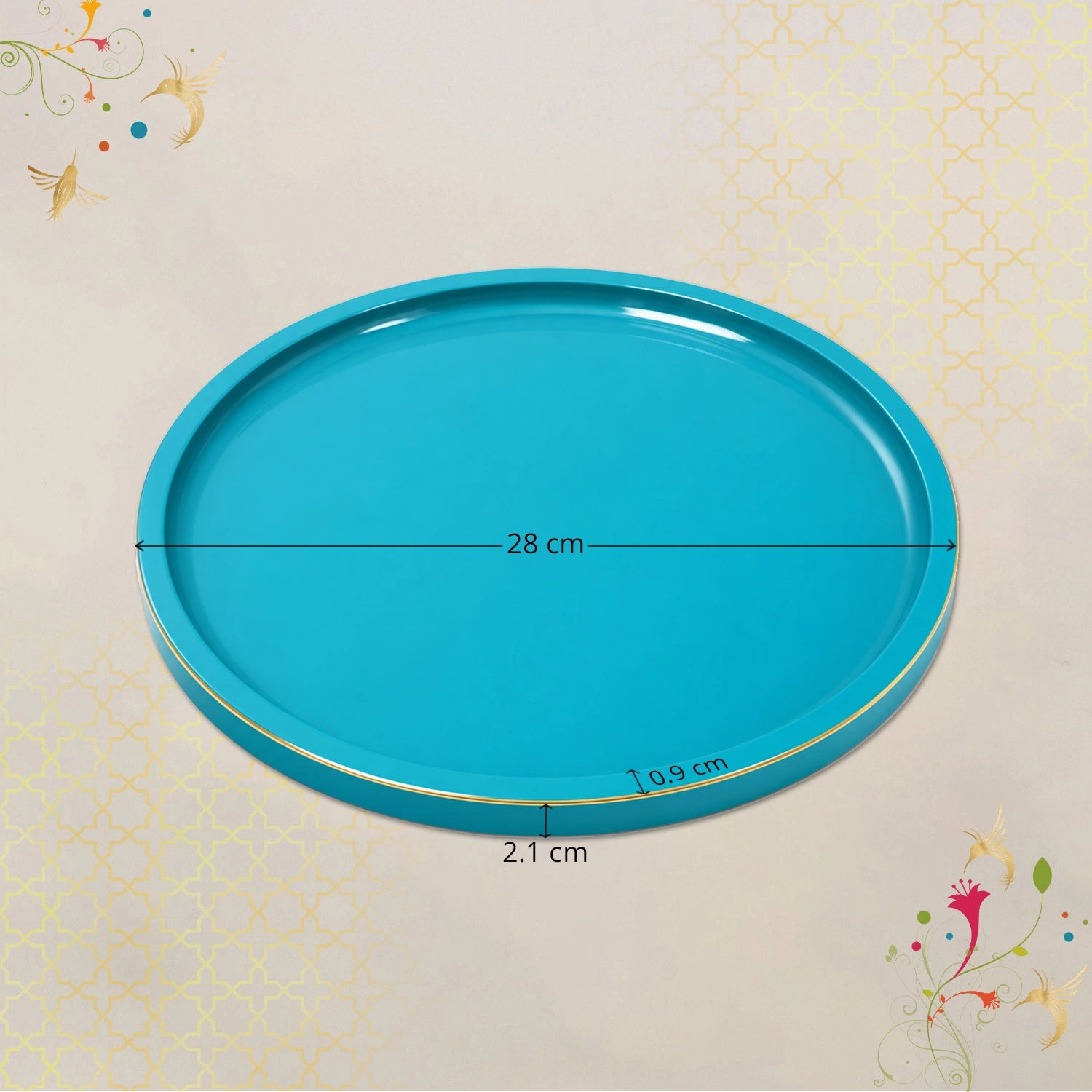 Turquoise Blue Finish Round Wooden Decorative Tray