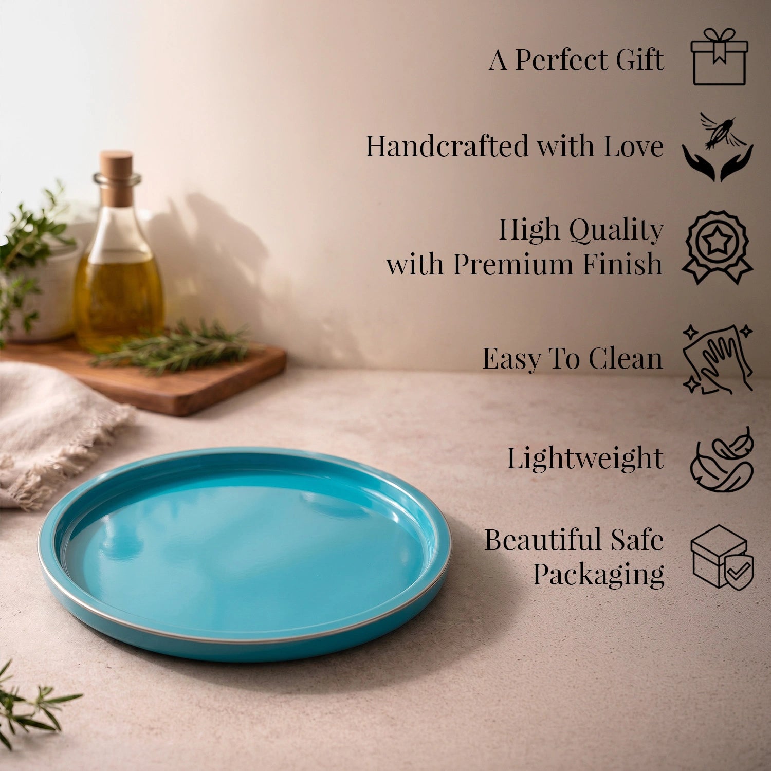 Turquoise Blue Finish Round Wooden Decorative Tray