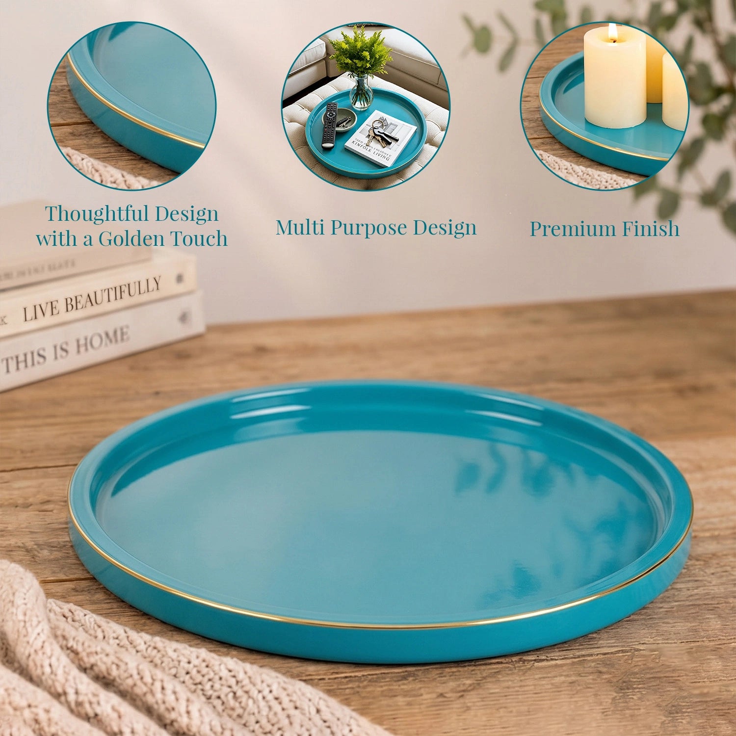 Turquoise Blue Finish Round Wooden Decorative Tray