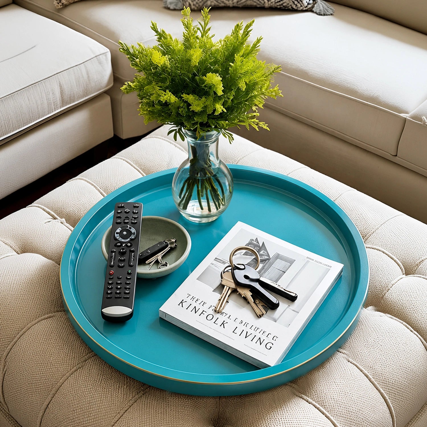 Turquoise Blue Finish Round Wooden Decorative Tray