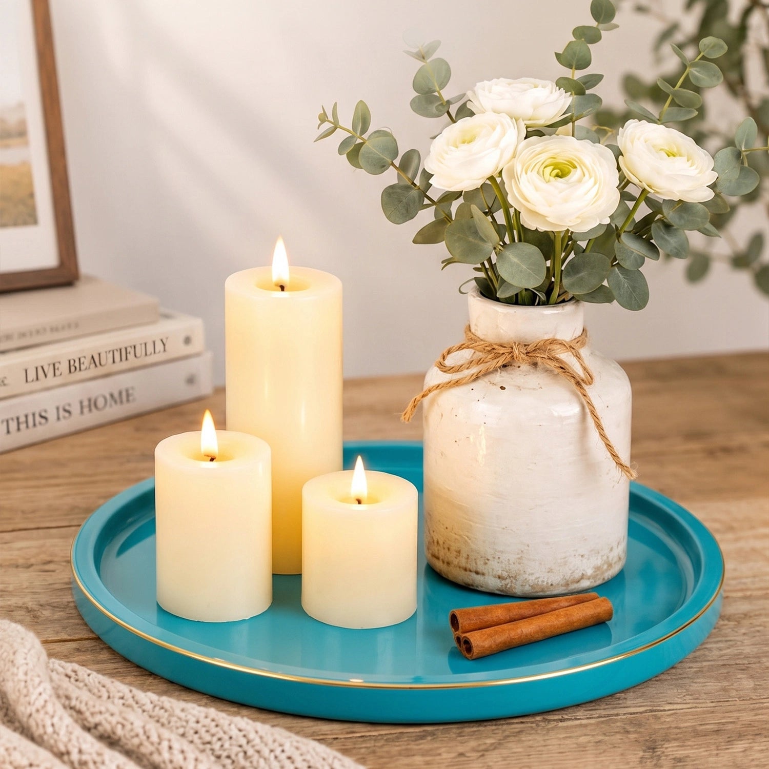 Turquoise Blue Finish Round Wooden Decorative Tray