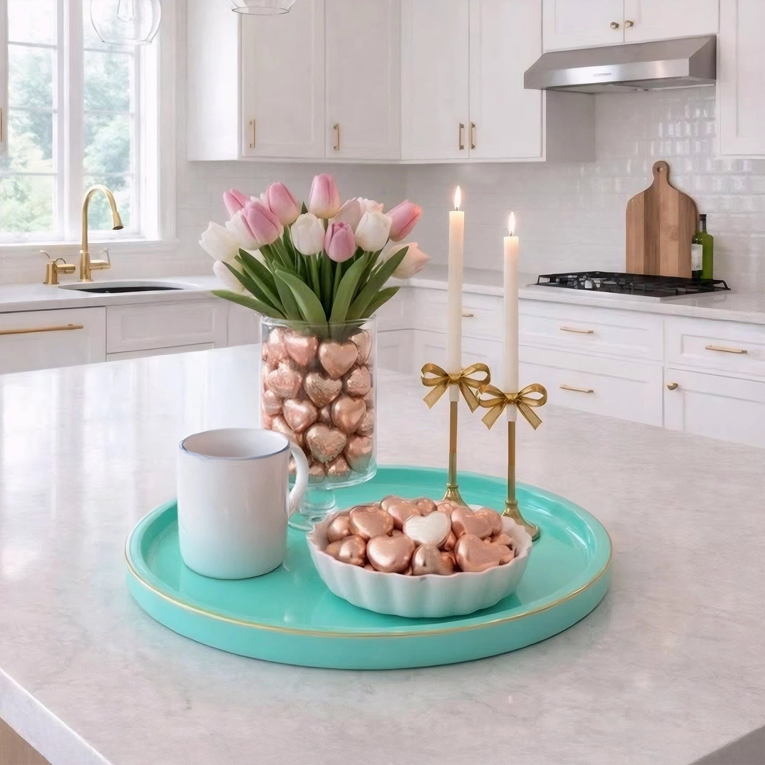 Tiffany Round Decorative Tray with Gold Trim