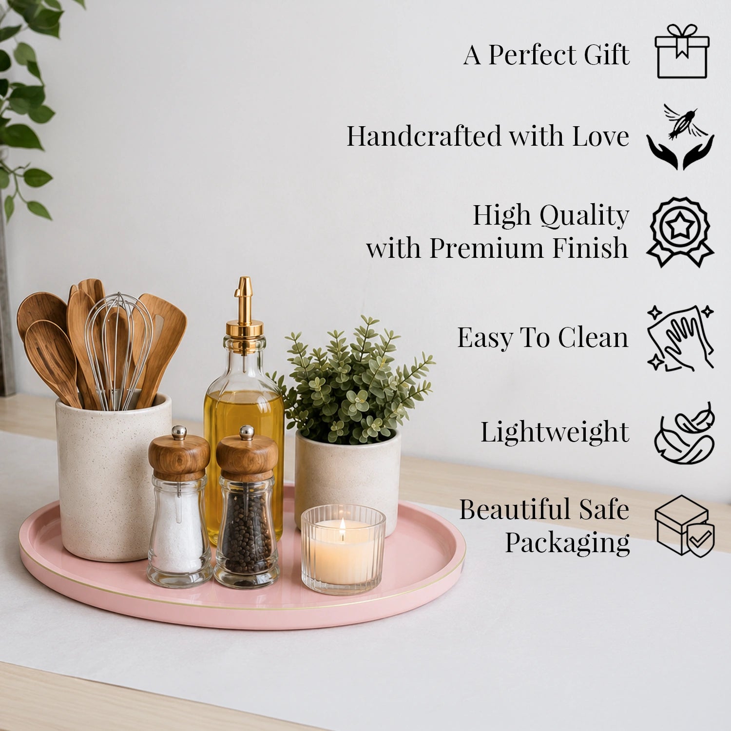 Baby Pink Oval Wooden Decorative Tray