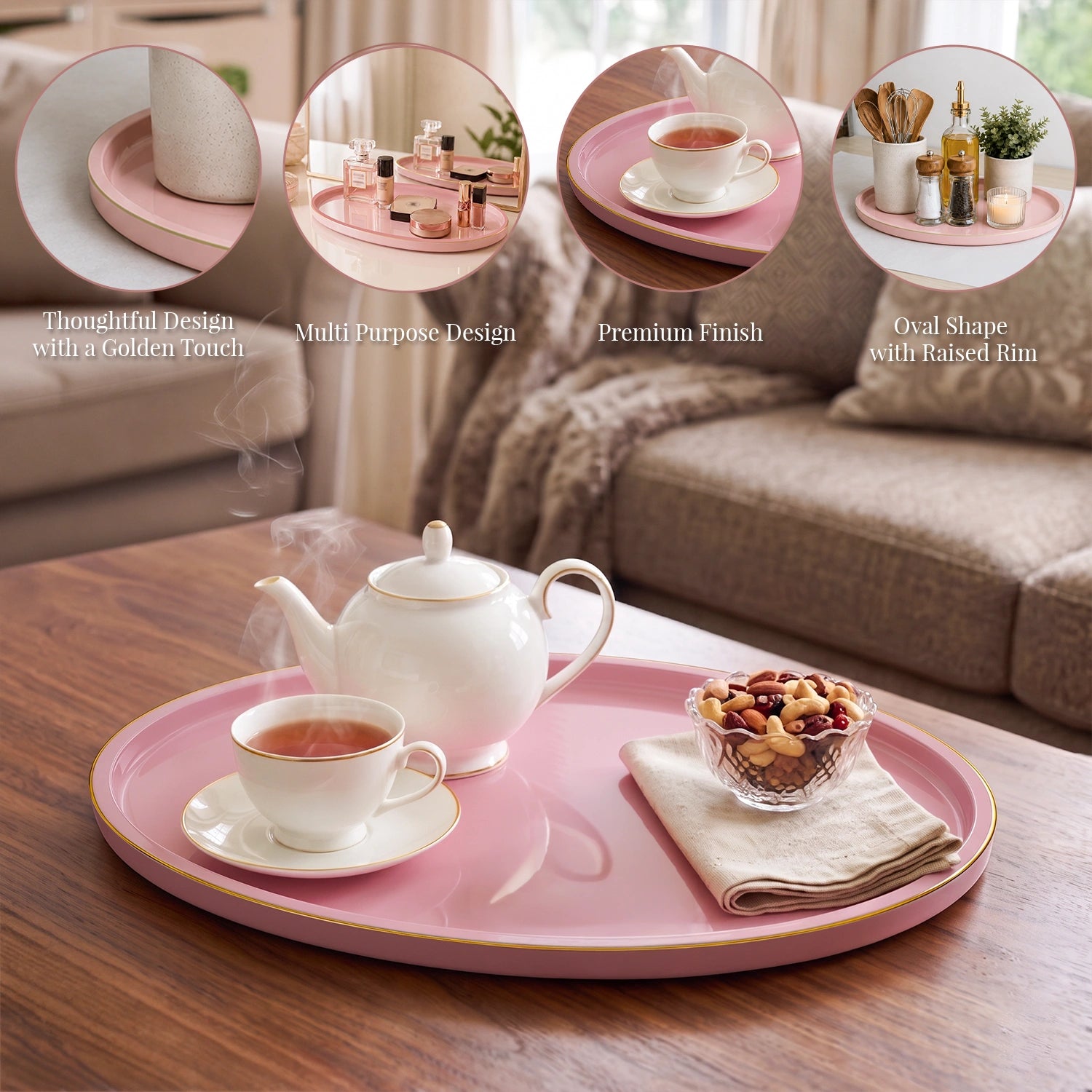 Baby Pink Oval Wooden Decorative Tray