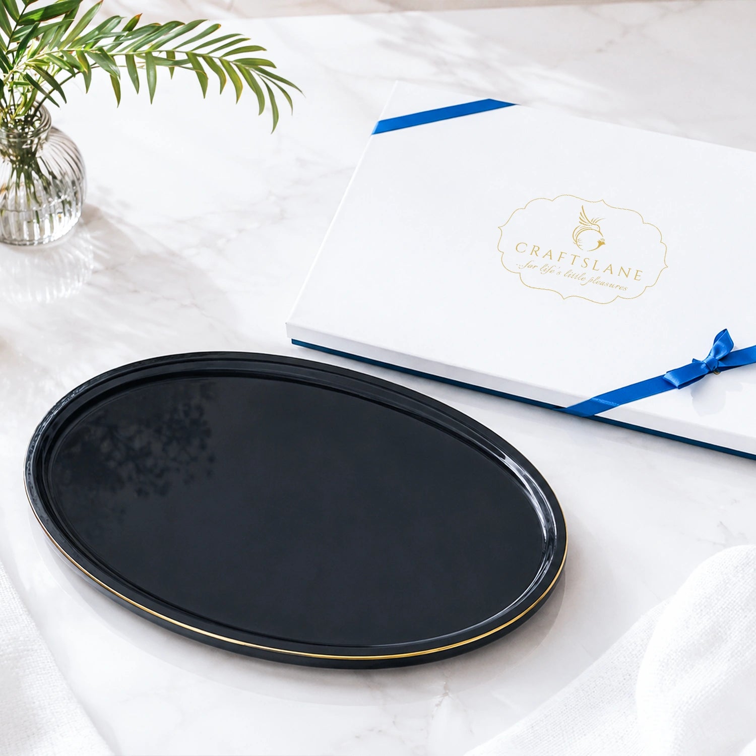 Charcoal Black Oval Wooden Decorative Tray with Gold Trim