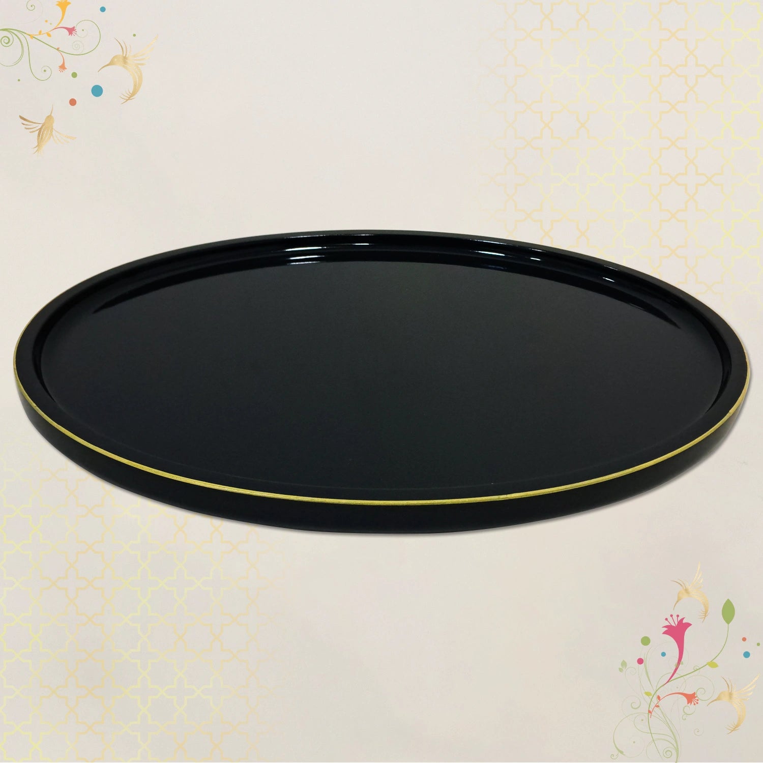 Charcoal Black Oval Wooden Decorative Tray with Gold Trim