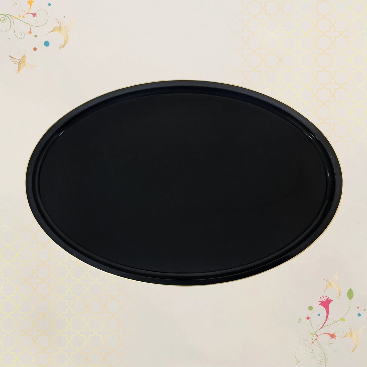 Charcoal Black Oval Wooden Decorative Tray with Gold Trim