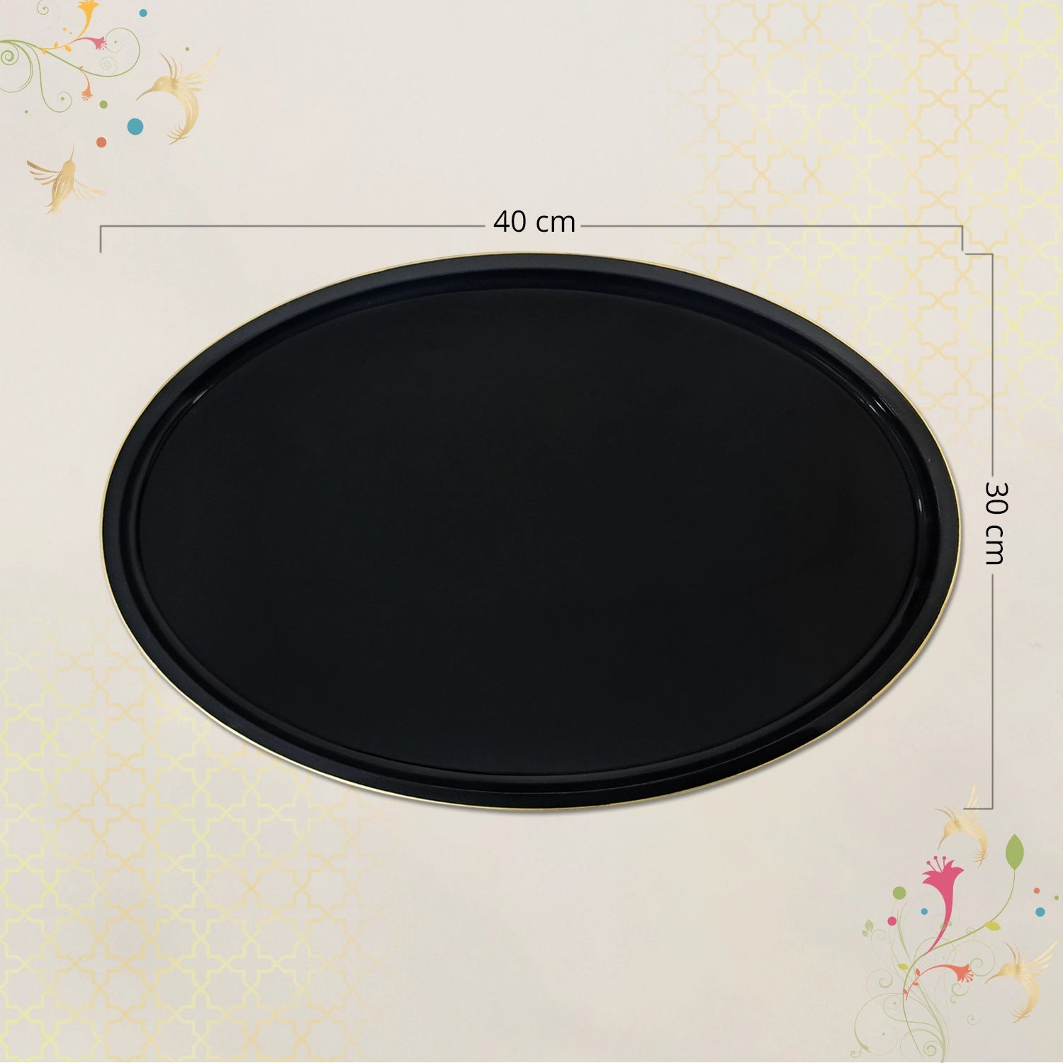 Charcoal Black Oval Wooden Decorative Tray with Gold Trim