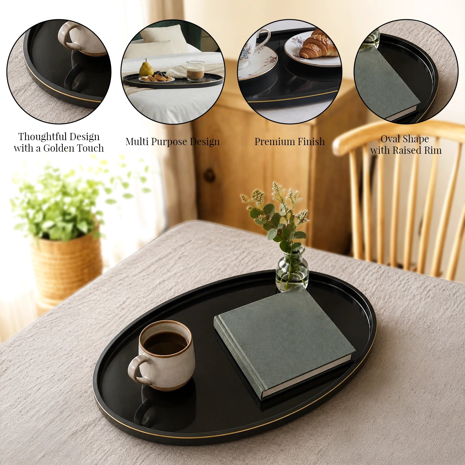 Charcoal Black Oval Wooden Decorative Tray with Gold Trim