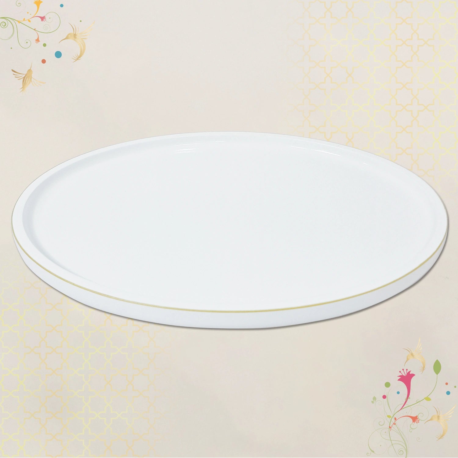 Eggshell Oval Wooden Decorative Tray with Gold Trim
