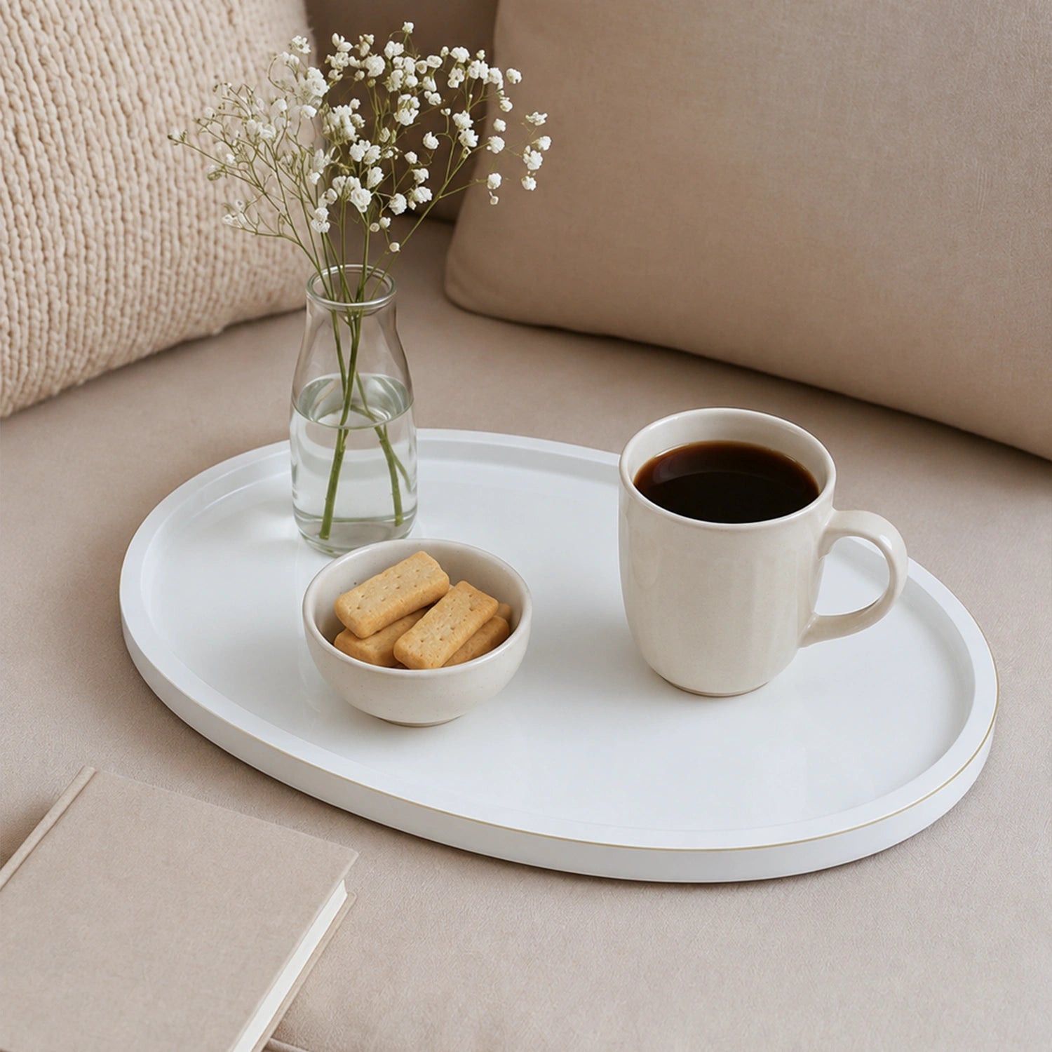 Eggshell Oval Wooden Decorative Tray with Gold Trim