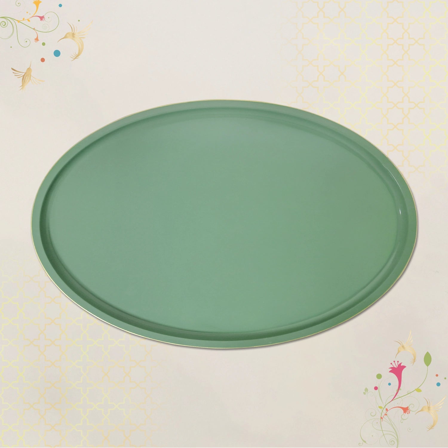 Sage Oval Wooden Decorative Tray with Gold Trim