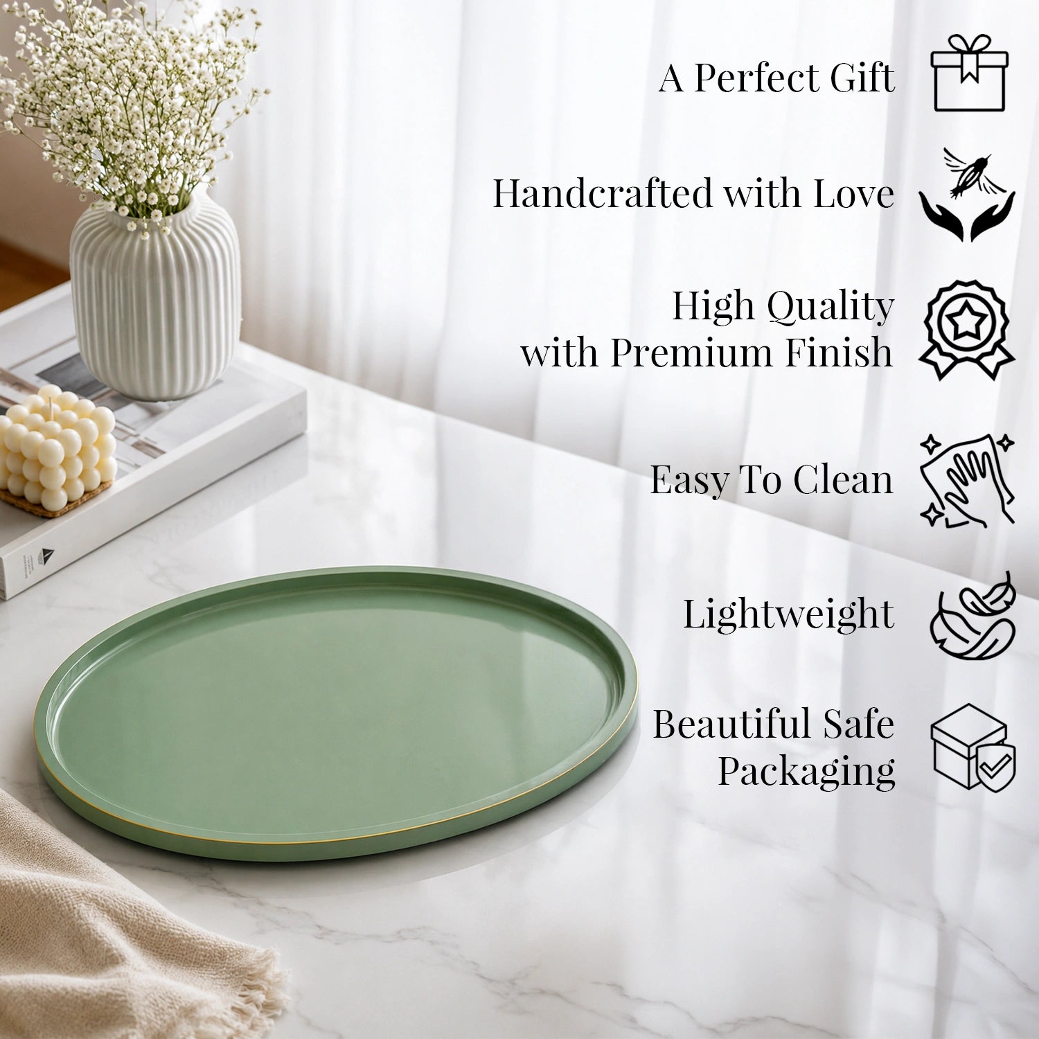 Sage Oval Wooden Decorative Tray with Gold Trim