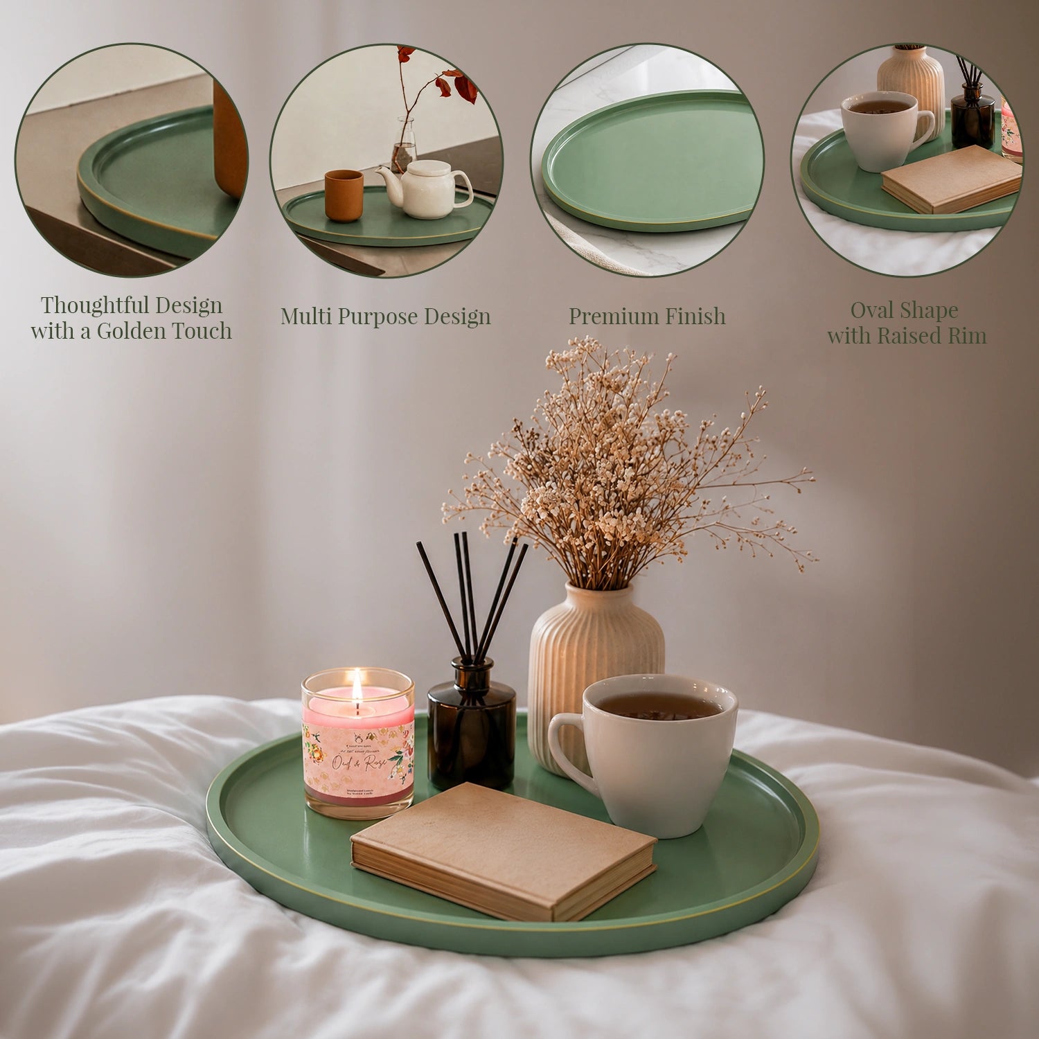 Sage Oval Wooden Decorative Tray with Gold Trim