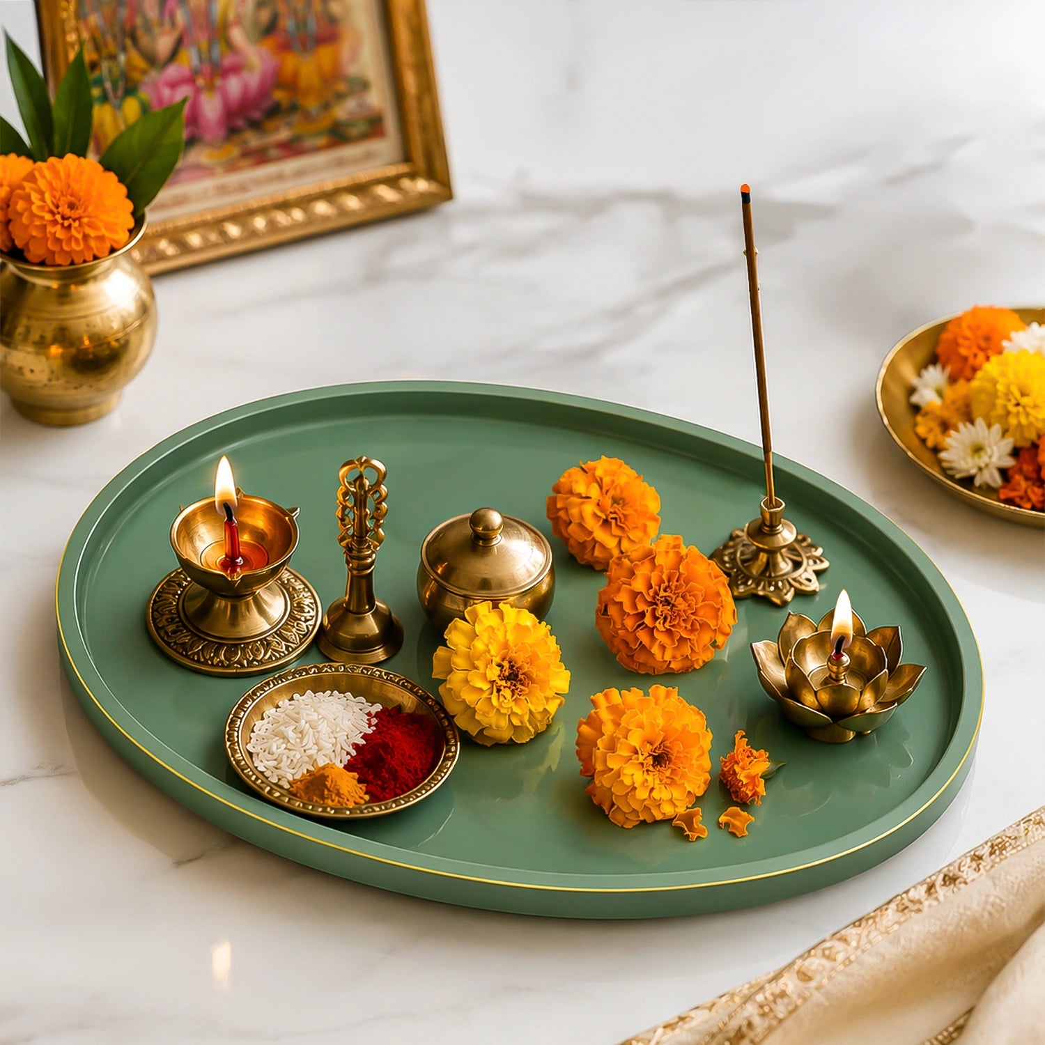 Sage Oval Wooden Decorative Tray with Gold Trim