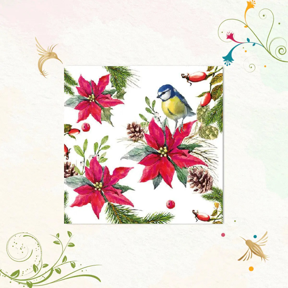 Bird On Poinsettia (White) | Cocktail Napkins | Ambiente C32514640