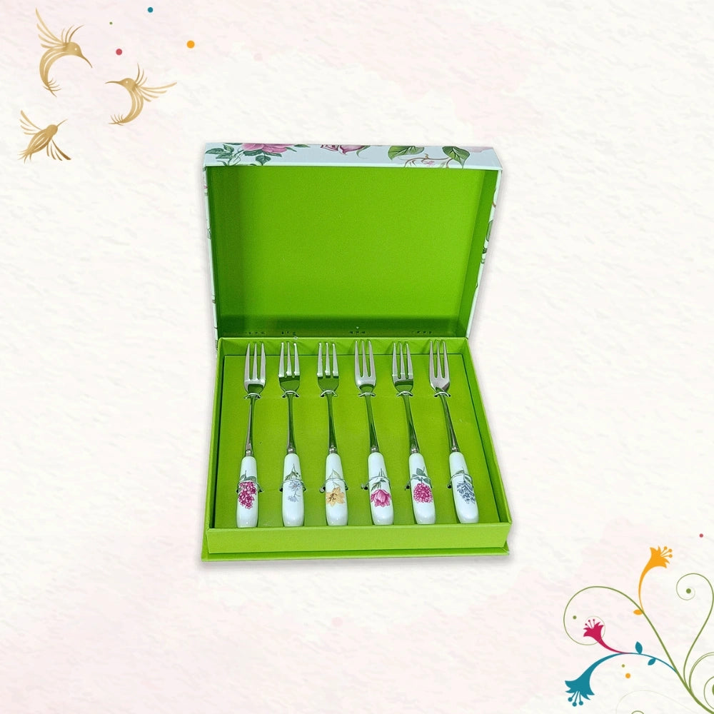 Premium Stainless Steel Charming Florals Dessert Forks with a Ceramic Handle Set of 6