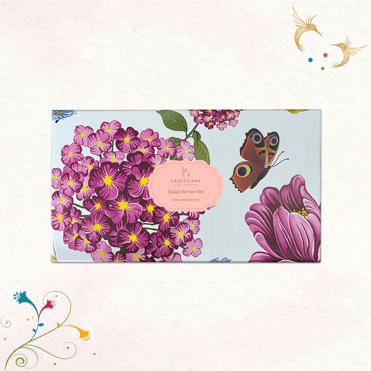 Charming Florals Salad Server Set | Salad Fork & Spoon with a Ceramic Handle