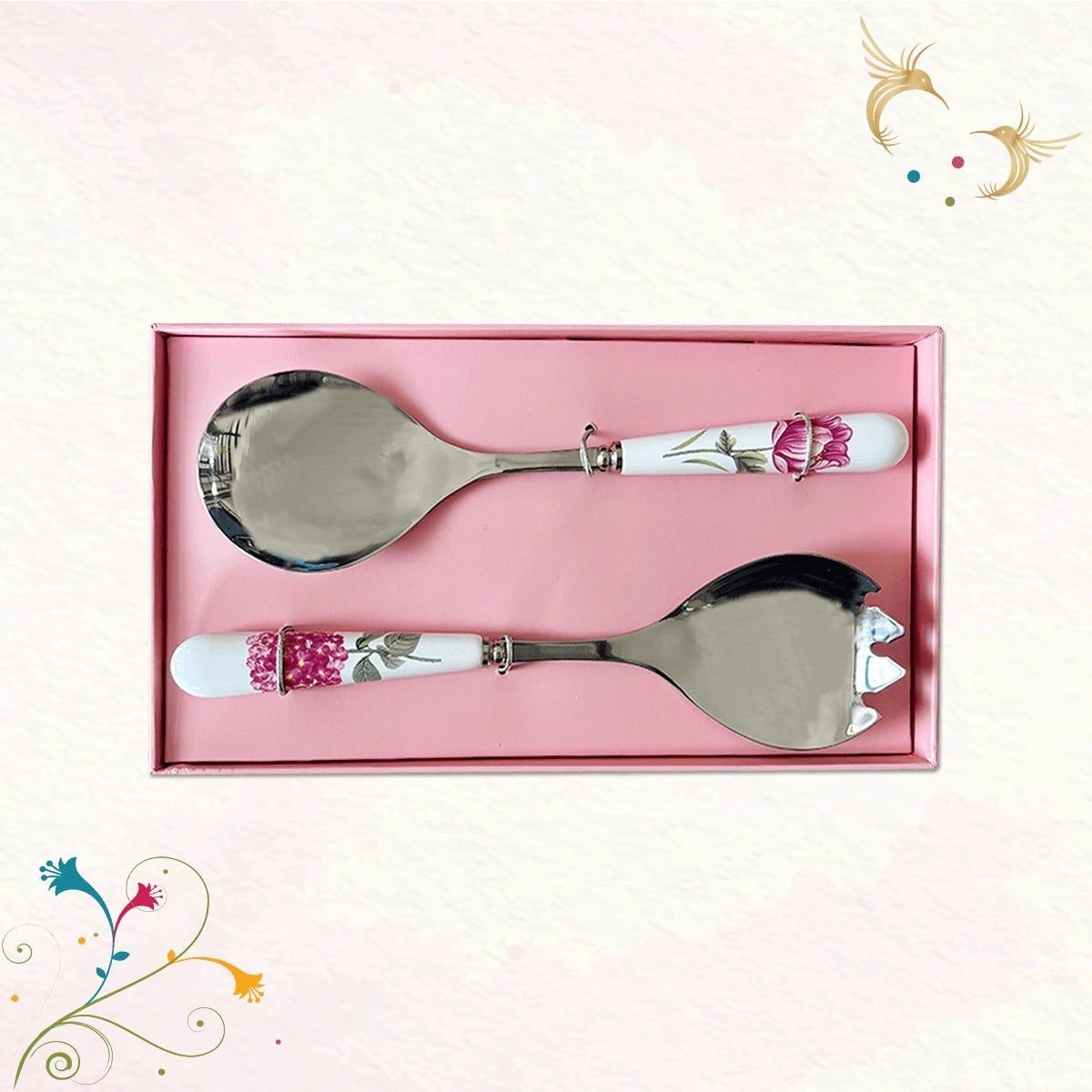 Charming Florals Salad Server Set | Salad Fork & Spoon with a Ceramic Handle