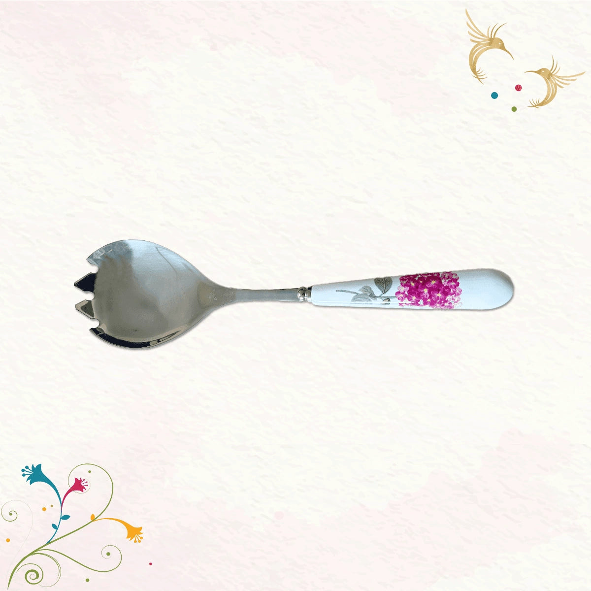 Charming Florals Salad Server Set | Salad Fork & Spoon with a Ceramic Handle